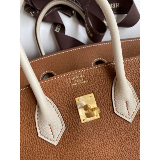 Hermes HSS Birkin 25 Bicolor Bag in Gold and Craie Clemence Leather