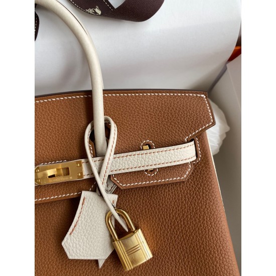 Hermes HSS Birkin 25 Bicolor Bag in Gold and Craie Clemence Leather