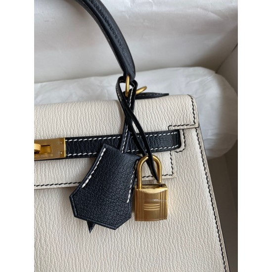 Hermes Kelly Sellier 25 Bicolor Bag in White and Black Mysore Goatskin