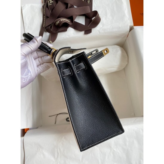 Hermes Kelly Sellier 25 Bicolor Bag in White and Black Mysore Goatskin