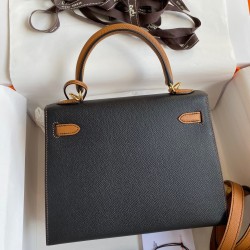 Hermes Kelly Sellier 25 Bicolor Bag in Black and Gold Epsom Calfskin