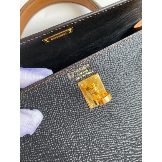 Hermes Kelly Sellier 25 Bicolor Bag in Black and Gold Epsom Calfskin