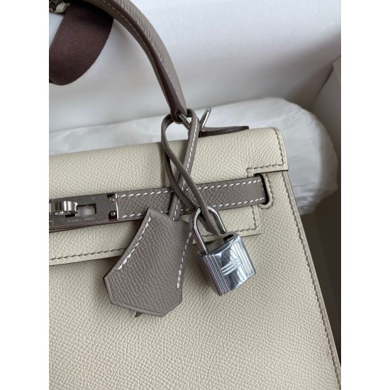 Hermes Kelly Sellier 25 Bicolor Bag in Craie and Gris Asphalt Epsom Calfskin