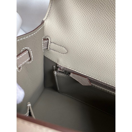 Hermes Kelly Sellier 25 Bicolor Bag in Craie and Gris Asphalt Epsom Calfskin