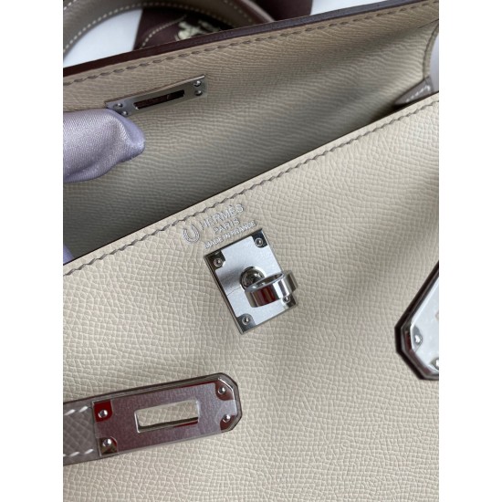 Hermes Kelly Sellier 25 Bicolor Bag in Craie and Gris Asphalt Epsom Calfskin