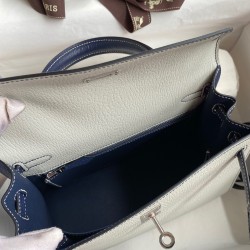 Hermes Kelly Sellier 25 Bicolor Bag in Pearl Grey and Blue Mysore Goatskin