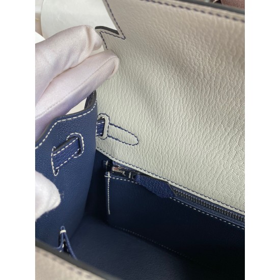 Hermes Kelly Sellier 25 Bicolor Bag in Pearl Grey and Blue Mysore Goatskin