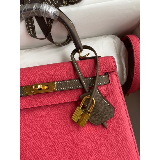 Hermes Kelly Sellier 25 Bicolor Bag in Rose Extremea nd Taupe Epsom Calfskin