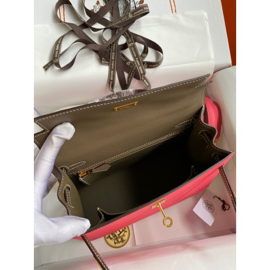 Hermes Kelly Sellier 25 Bicolor Bag in Rose Extremea nd Taupe Epsom Calfskin