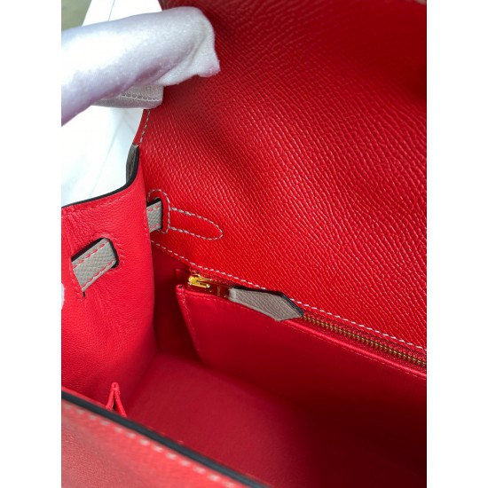 Hermes Kelly Sellier 25 Bicolor Bag in Red and Etain Epsom Calfskin