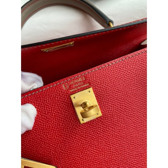 Hermes Kelly Sellier 25 Bicolor Bag in Red and Etain Epsom Calfskin