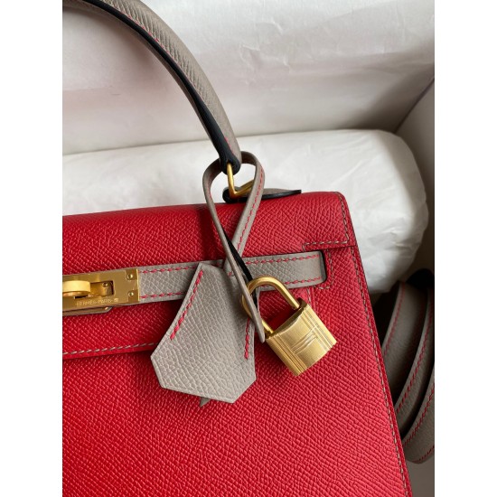 Hermes Kelly Sellier 25 Bicolor Bag in Red and Etain Epsom Calfskin