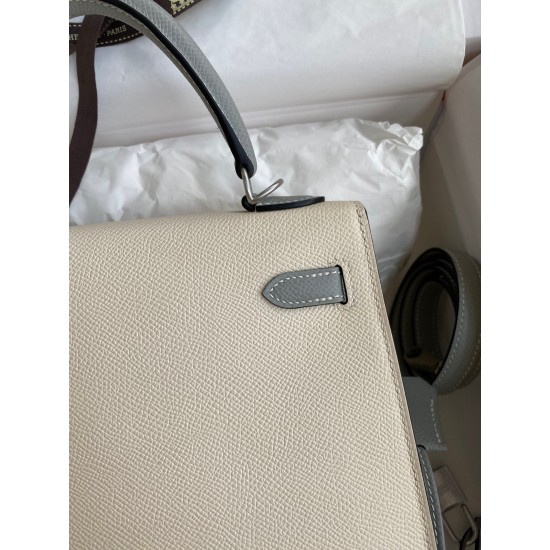 Hermes Kelly Sellier 25 Bicolor Bag in Craie and Gris Mouette Epsom Calfskin