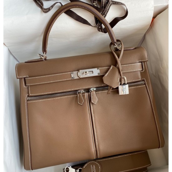 Hermes Kelly Lakis 32 Handmade Bag In Taupe Swift Calfskin