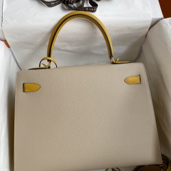 Hermes Kelly Sellier 32 Bicolor Bag in Trench and Yellow Epsom Calfskin