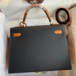 Hermes Kelly Sellier 28 Bicolor Bag in Black and Gold Epsom Calfskin