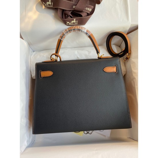 Hermes Kelly Sellier 28 Bicolor Bag in Black and Gold Epsom Calfskin