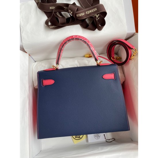 Hermes Kelly Sellier 28 Bicolor Bag in Blue Saphir and Rose Lipstick Epsom Calfskin