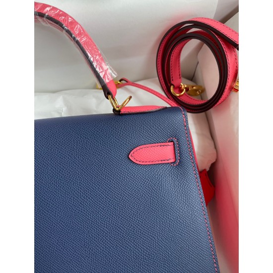 Hermes Kelly Sellier 28 Bicolor Bag in Blue Saphir and Rose Lipstick Epsom Calfskin