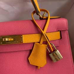 Hermes Kelly Sellier 28 Bicolor Bag in Rose Lipstick and Yellow Epsom Calfskin