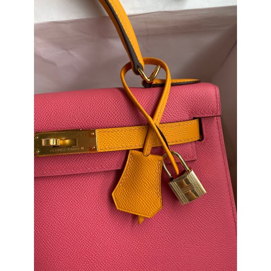 Hermes Kelly Sellier 28 Bicolor Bag in Rose Lipstick and Yellow Epsom Calfskin