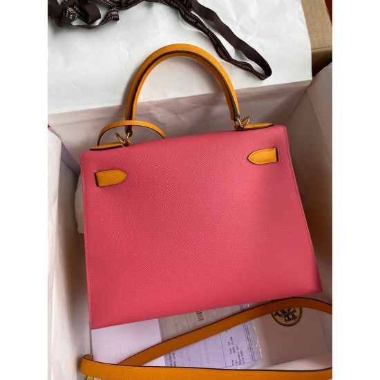 Hermes Kelly Sellier 28 Bicolor Bag in Rose Lipstick and Yellow Epsom Calfskin