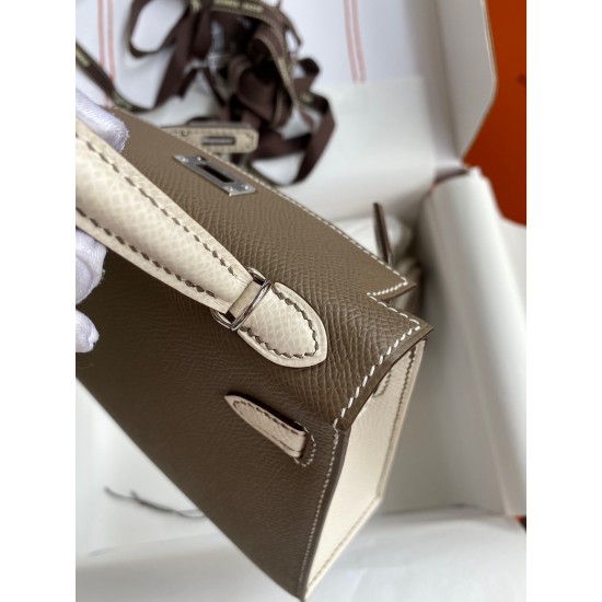 Hermes Kelly Mini II Sellier Bicolor Handmade Bag in Taupe and Craie Epsom Calfskin