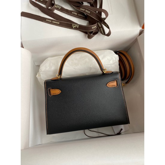 Hermes Kelly Mini II Sellier Bicolor Handmade Bag in Black and Gold Epsom Calfskin