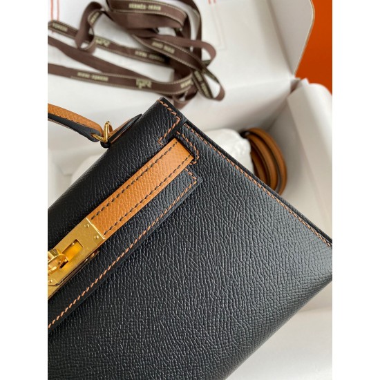 Hermes Kelly Mini II Sellier Bicolor Handmade Bag in Black and Gold Epsom Calfskin