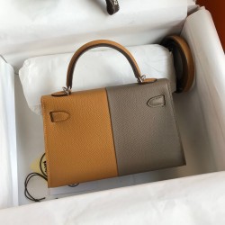 Hermes Kelly Mini II Sellier Tri-color Bag In Taupe/Sesame/Blue Nuit Epsom Calfskin