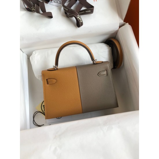 Hermes Kelly Mini II Sellier Tri-color Bag In Taupe/Sesame/Blue Nuit Epsom Calfskin