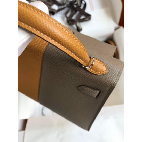 Hermes Kelly Mini II Sellier Tri-color Bag In Taupe/Sesame/Blue Nuit Epsom Calfskin