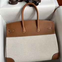 Hermes Birkin 35 Handmade Bag In Toile & Gold Swift Leather