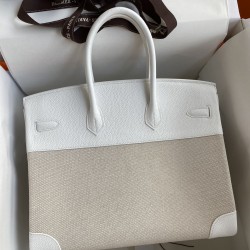 Hermes Birkin 35 Handmade Bag In Toile & White Clemence Leather