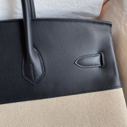 Hermes Birkin 35 Handmade Bag In Toile & Black Swift Leather