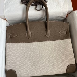 Hermes Birkin 35 Handmade Bag In Toile & Taupe Clemence Leather