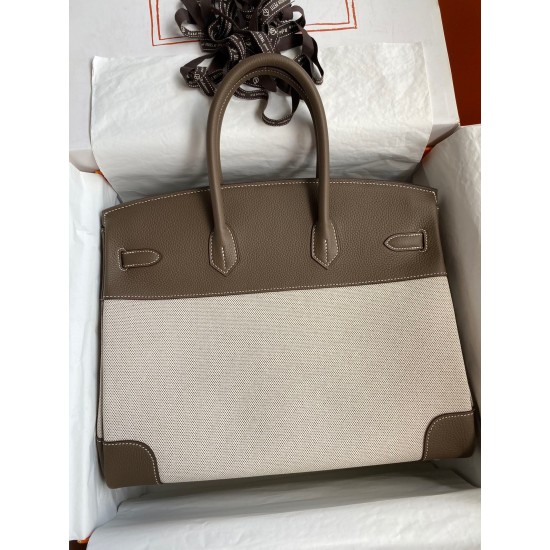 Hermes Birkin 35 Handmade Bag In Toile & Taupe Clemence Leather