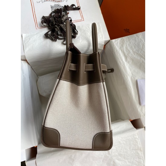 Hermes Birkin 35 Handmade Bag In Toile & Taupe Clemence Leather