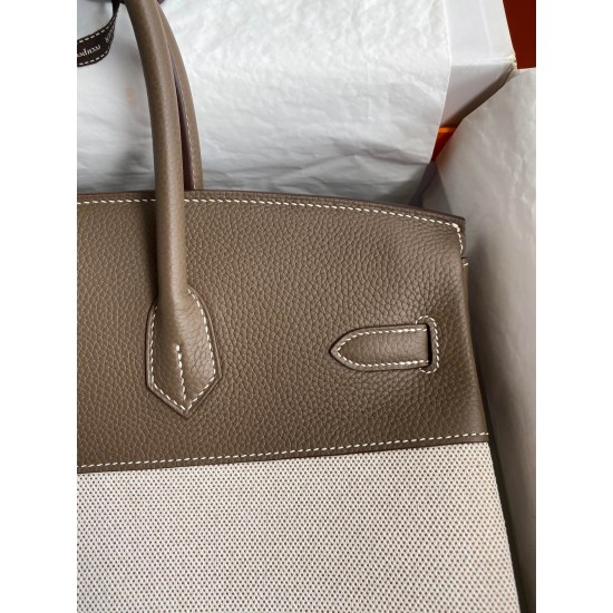 Hermes Birkin 35 Handmade Bag In Toile & Taupe Clemence Leather