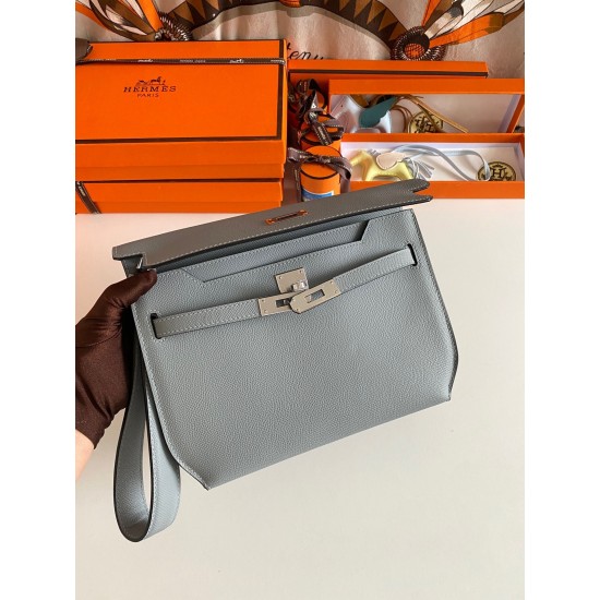 Hermes Kelly Depeches 25 Pouch in Blue Lin Epsom Calfskin