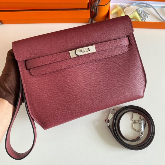 Hermes Kelly Depeches 25 Pouch in Bordeaux Epsom Calfskin