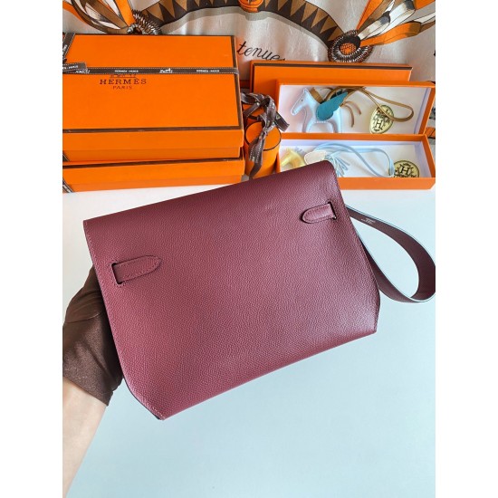 Hermes Kelly Depeches 25 Pouch in Bordeaux Epsom Calfskin