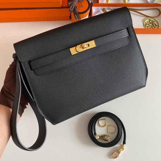 Hermes Kelly Depeches 25 Pouch in Black Epsom Calfskin