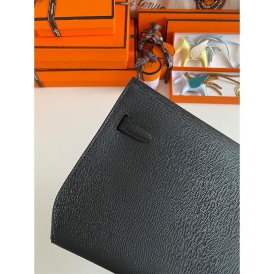 Hermes Kelly Depeches 25 Pouch in Black Epsom Calfskin