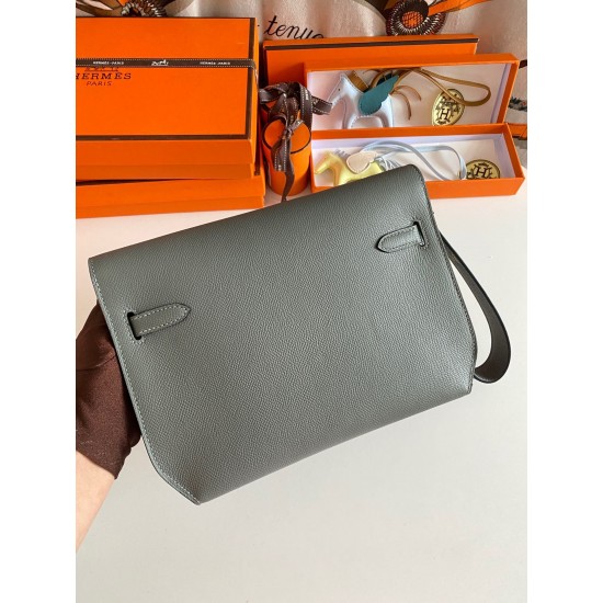 Hermes Kelly Depeches 25 Pouch in Vert Amande Epsom Calfskin