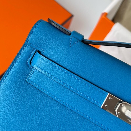 Hermes Kelly Pochette Handmade Bag In Blue Frida Swift Calfskin