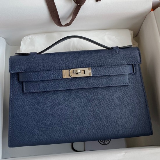 Hermes Kelly Pochette Handmade Bag In Blue Saphir Epsom Calfskin