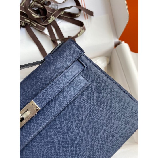 Hermes Kelly Pochette Handmade Bag In Blue Saphir Epsom Calfskin