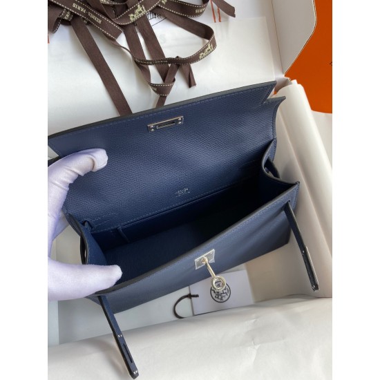 Hermes Kelly Pochette Handmade Bag In Blue Saphir Epsom Calfskin