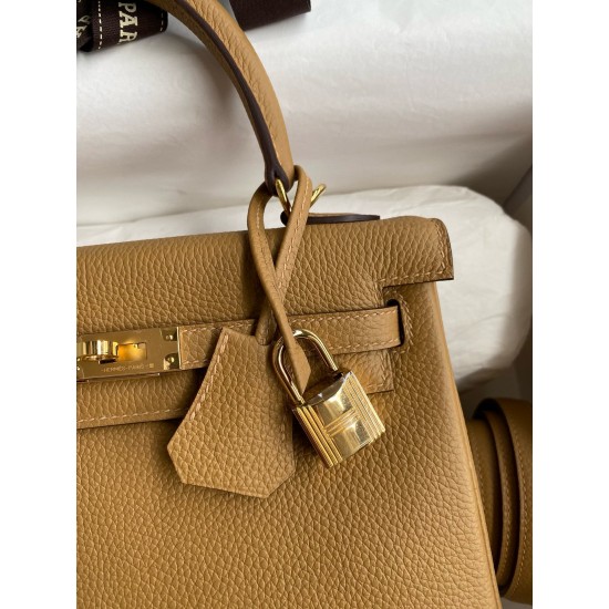 Hermes Kelly Retourne 25 Handmade Bag In Biscuit Clemence Leather